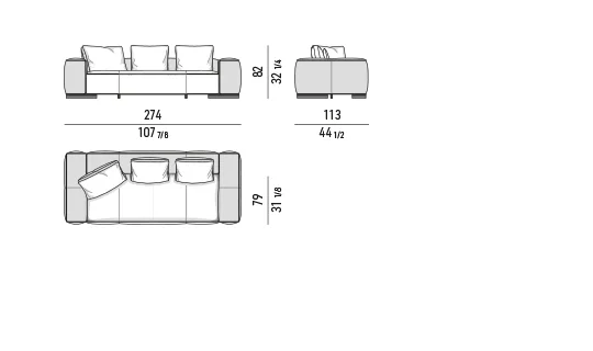 Sofa ghế liền khối đường may bất đối xứng dáng sóng - Dáng thẳng - Sofa 274 cm
