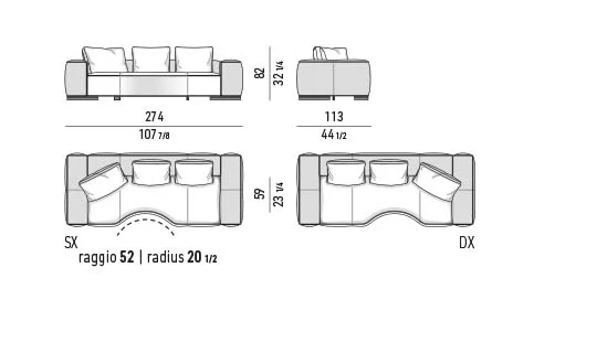 Sofa ghế liền khối đường may bất đối xứng dáng sóng - Dáng sóng - Sofa 274x113 cm