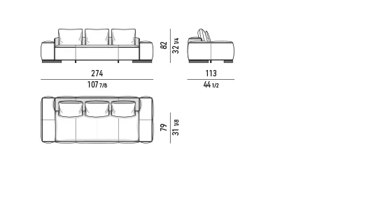 Sofa ghế liền khối đường may bất đối xứng dáng sóng - Dáng thẳng - Sofa tay vịn thấp 274 cm