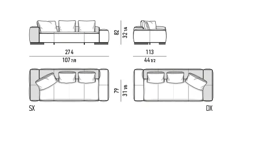 Sofa ghế liền khối đường may bất đối xứng dáng sóng - Dáng thẳng - Sofa tay vịn phối 274 cm
