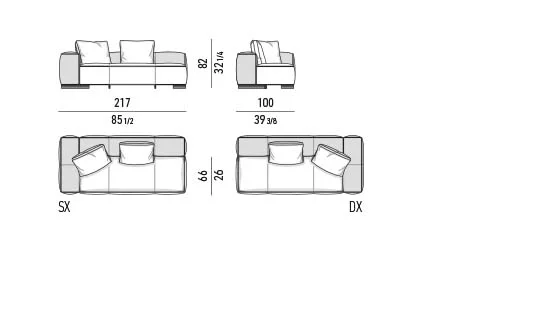 Sofa mặt ngồi liền khối thu gọn độ sâu cho căn hộ - Modul 1 tay vịn 217x100 cm