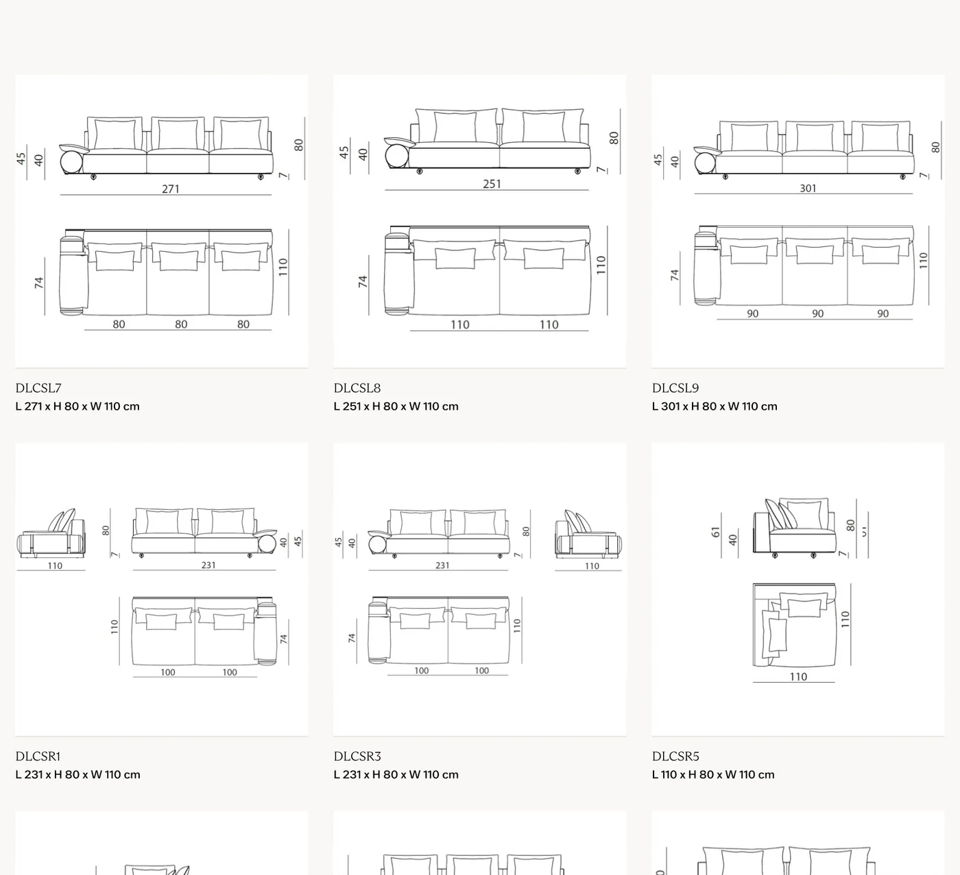Sofa modul tay vịn trụ tròn đai da khoá kim loại - Bản vẽ kích thước 1/2