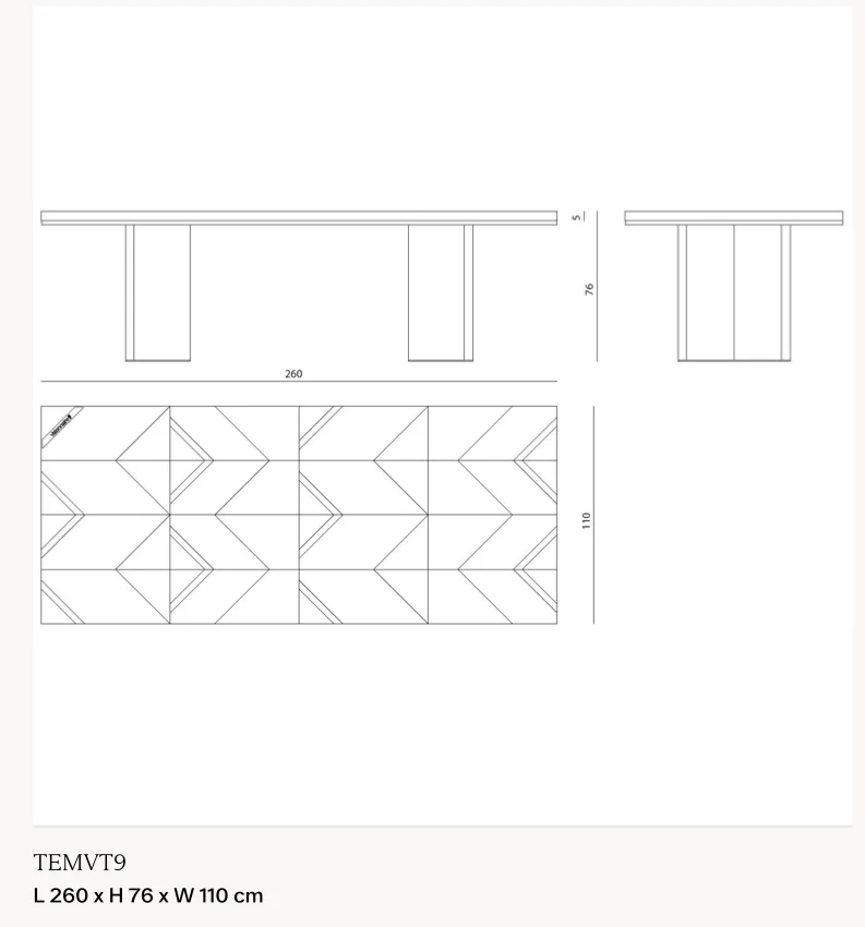 Bàn ăn mặt gỗ ốp vân lát hình học viền inox - Bàn 260 x 110 cm, cao 76 cm