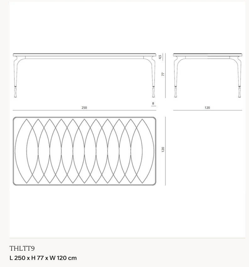Bàn ăn mặt đá phẳng viền inox chân nhôm đúc điêu khắc - Bàn 250 x 120 cm, cao 77 cm