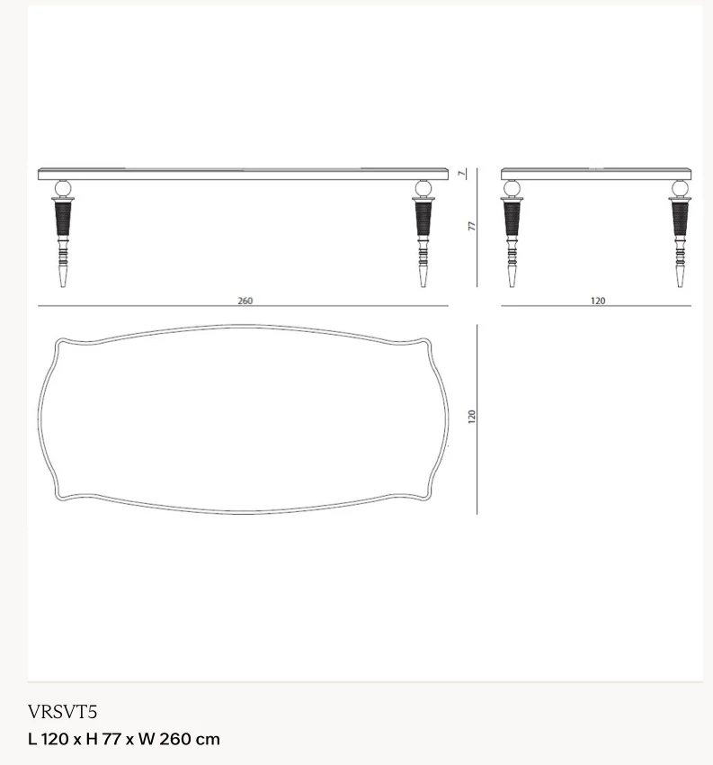 Bàn ăn chân thủy tinh thổi tay mặt đá marble vát cạnh - Bàn 260 x 120 cm, cao 77 cm