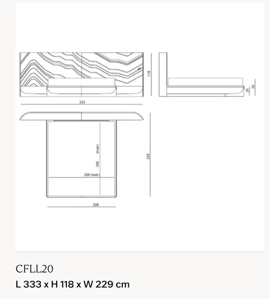 Giường ngủ bọc nệm đầu giường thêu chần hoạ tiết, viền inox - Giường nệm 200 x 200 cm cỡ lớn, kích thước tổng 333 x 229 cm, cao 118 cm