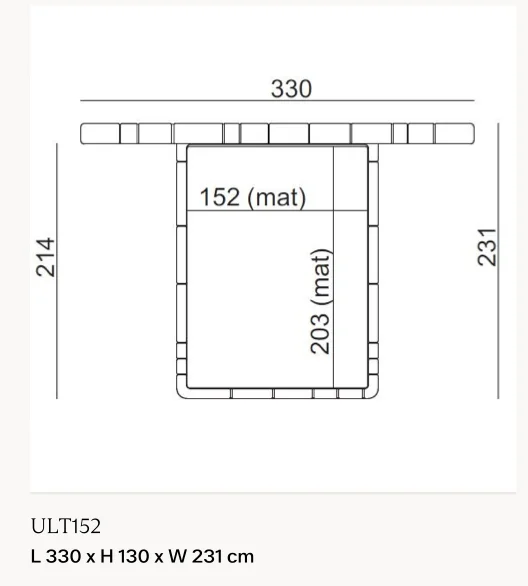 Giường ngủ đầu giường dải đệm nổi 3D, chân kim loại bóng - Giường nệm 152 x 203 cm, kích thước tổng 330 x 231 cm, cao 130 cm