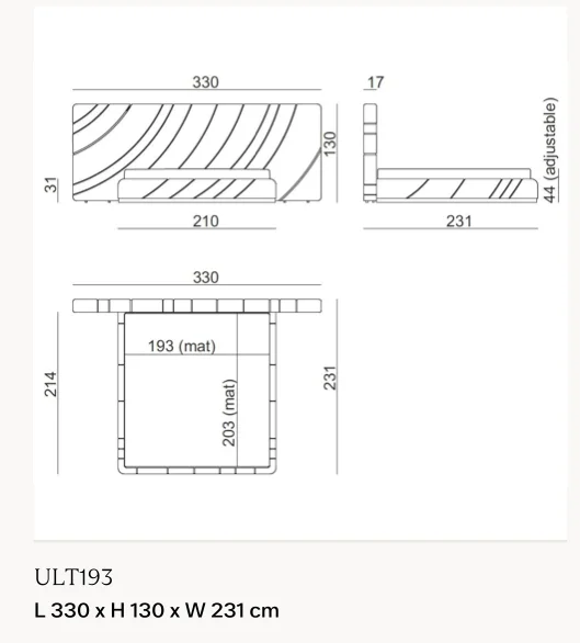 Giường ngủ đầu giường dải đệm nổi 3D, chân kim loại bóng - Giường nệm 193 x 203 cm, kích thước tổng 330 x 231 cm, cao 130 cm