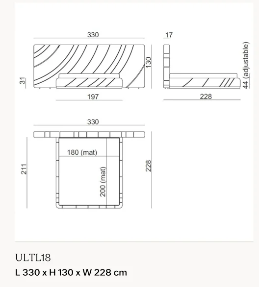 Giường ngủ đầu giường dải đệm nổi 3D, chân kim loại bóng - Giường nệm 180 x 200 cm cỡ lớn, kích thước tổng 330 x 228 cm, cao 130 cm