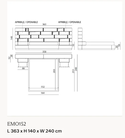 Giường ngủ tích hợp kệ gỗ sơn bóng và đèn LED - Giường nệm 152 x 203 cm, kích thước tổng 363 x 240 cm, cao 140 cm