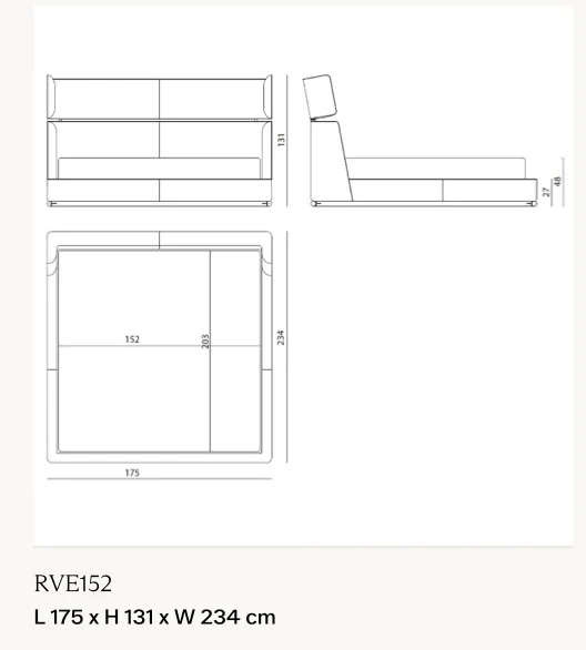 Giường ngủ đầu giường cao hai mảng gập góc, viền da - Giường nệm 152 x 203 cm, kích thước tổng 175 x 234 cm, cao 131 cm