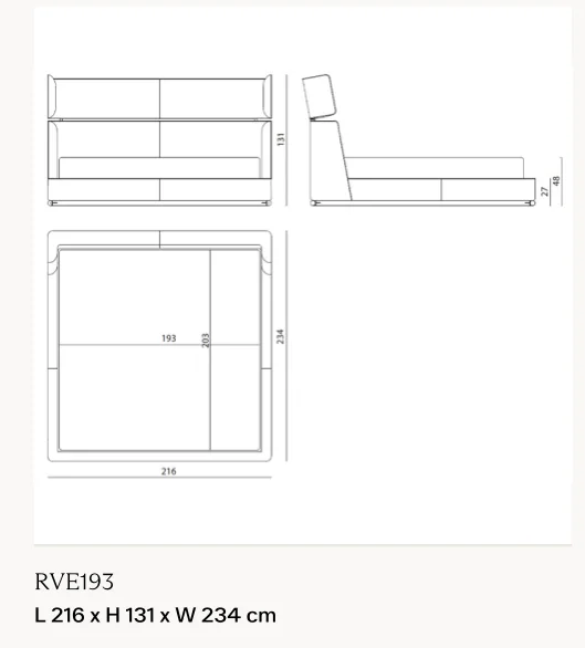 Giường ngủ đầu giường cao hai mảng gập góc, viền da - Giường nệm 193 x 203 cm, kích thước tổng 216 x 234 cm, cao 131 cm