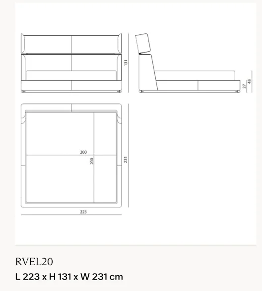 Giường ngủ đầu giường cao hai mảng gập góc, viền da - Giường nệm 200 x 200 cm cỡ lớn, kích thước tổng 223 x 231 cm, cao 131 cm