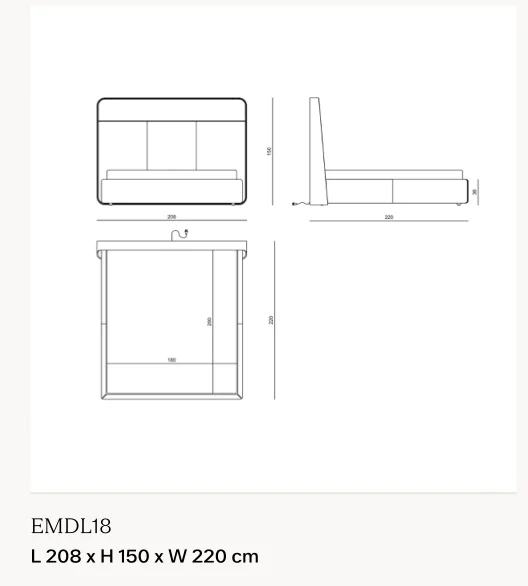 Giường ngủ khung gỗ briar chần ô, tựa đầu đèn LED - Giường nệm 180 x 200 cm cỡ lớn, kích thước tổng 208 x 220 cm, cao 150 cm
