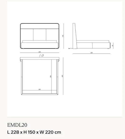 Giường ngủ khung gỗ briar chần ô, tựa đầu đèn LED - Giường nệm 200 x 200 cm cỡ lớn, kích thước tổng 228 x 220 cm, cao 150 cm