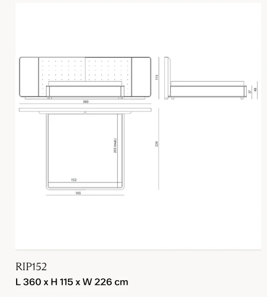 Giường ngủ bọc da chần, viền gỗ nẹp kim loại, đèn LED - Giường nệm 152 x 203 cm, kích thước tổng 360 x 226 cm, cao 115 cm