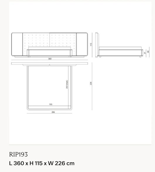 Giường ngủ bọc da chần, viền gỗ nẹp kim loại, đèn LED - Giường nệm 193 x 203 cm, kích thước tổng 360 x 226 cm, cao 115 cm