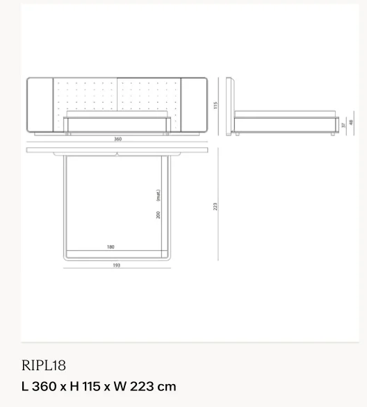 Giường ngủ bọc da chần, viền gỗ nẹp kim loại, đèn LED - Giường nệm 180 x 200 cm cỡ lớn, kích thước tổng 360 x 223 cm, cao 115 cm