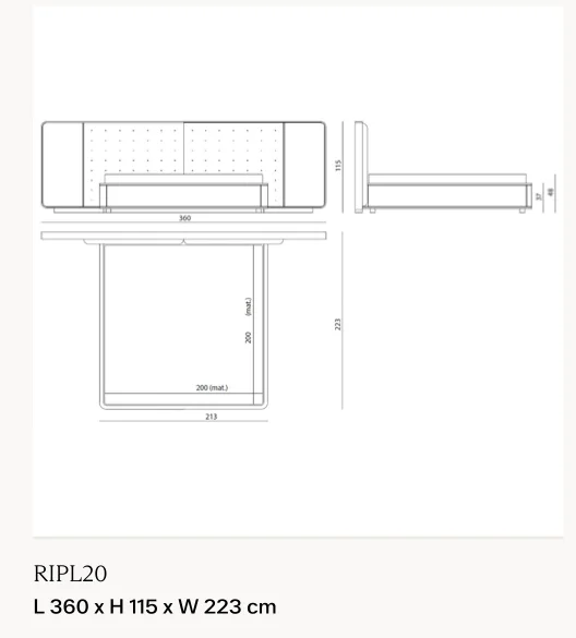 Giường ngủ bọc da chần, viền gỗ nẹp kim loại, đèn LED - Giường nệm 200 x 200 cm cỡ lớn, kích thước tổng 360 x 223 cm, cao 115 cm