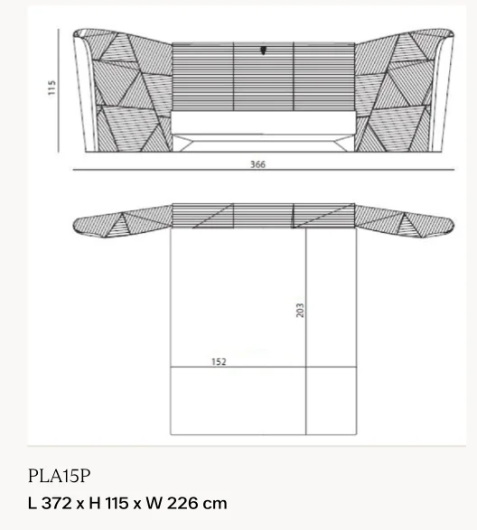 Giường ngủ mô-đun tựa đầu, hai cánh nghiêng vỏ thép xước - Kiểu 1, nệm rộng 150 cm: giường 372 x 226 cm, cao 115 cm