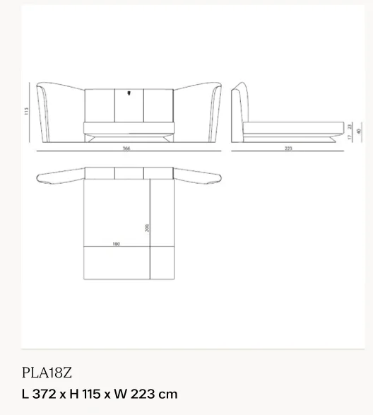 Giường ngủ mô-đun tựa đầu, hai cánh nghiêng vỏ thép xước - Kiểu 2, nệm rộng 180 cm: giường 372 x 223 cm, cao 115 cm