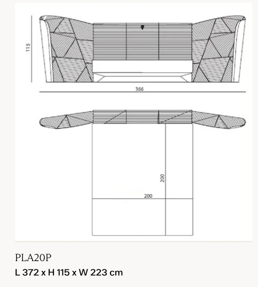Giường ngủ mô-đun tựa đầu, hai cánh nghiêng vỏ thép xước - Kiểu 1, nệm rộng 200 cm: giường 372 x 223 cm, cao 115 cm