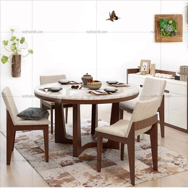Mẫu bàn ăn tròn mặt đá chân gỗ sang trọng và tiện dụng M8-4051