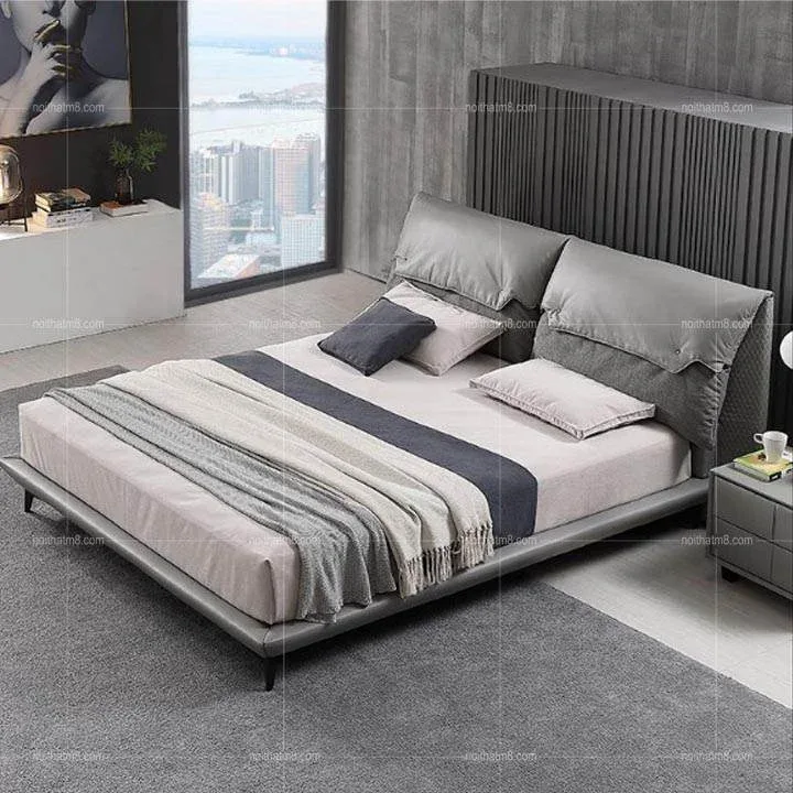 Mẫu giường ngủ đẹp chân sắt bọc đệm da thật cao cấp M8-6032