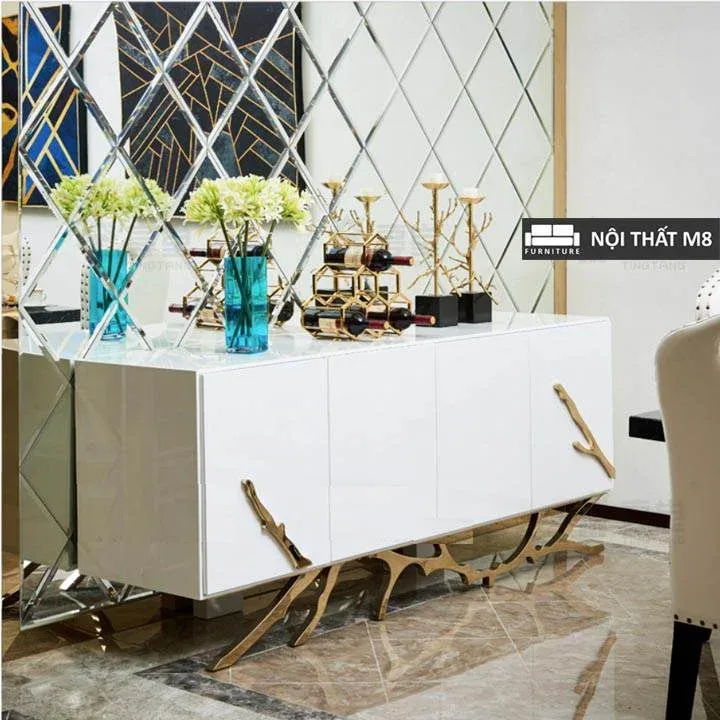 Tủ trang trí phòng khách hiện đại khung mạ vàng sang trọng M8-8155