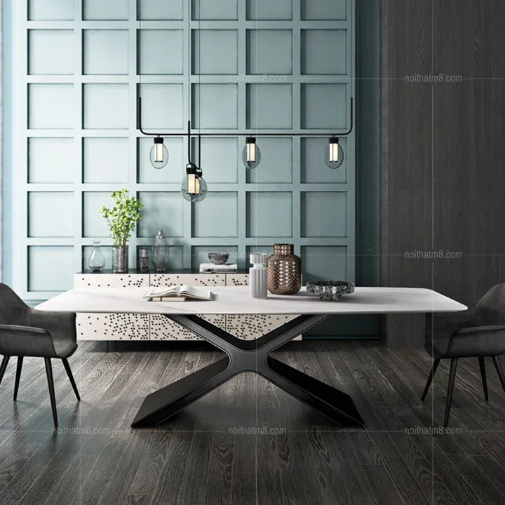 Bàn ăn gia đình mặt đá chân sắt chữ X hiện đại M8-4101