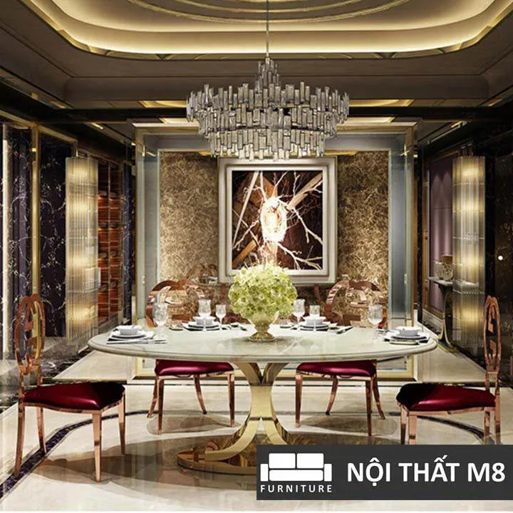 Bàn ăn mạ vàng dáng elip sang trọng M8-4107