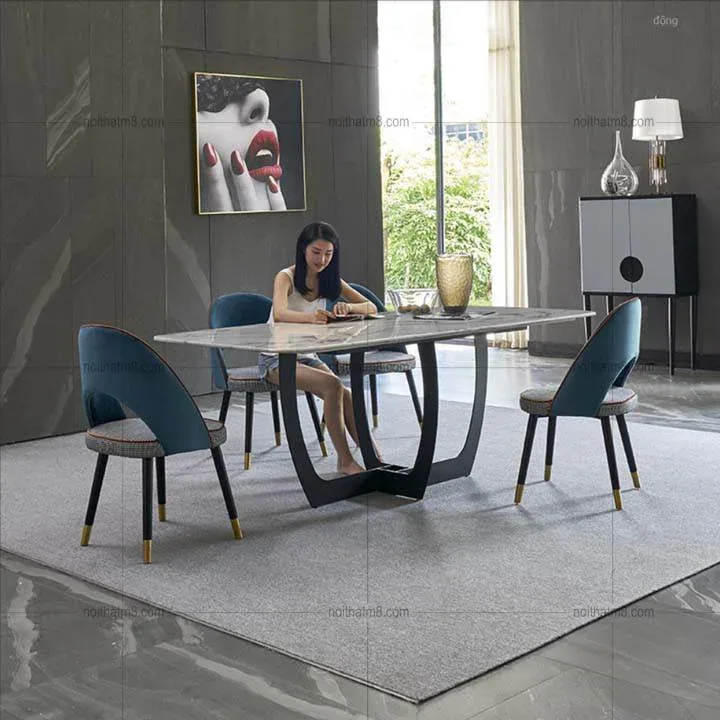 Mẫu bàn ăn mặt đá chân sắt kiểu dáng thanh lịch M8-4074