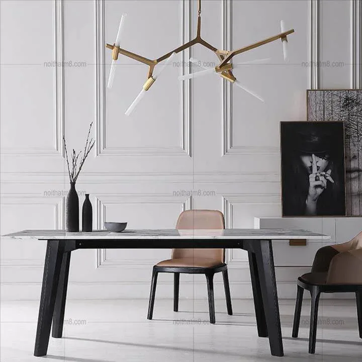 Mẫu bàn ăn đá tự nhiên kết hợp chân gỗ tiện dụng M8-4078