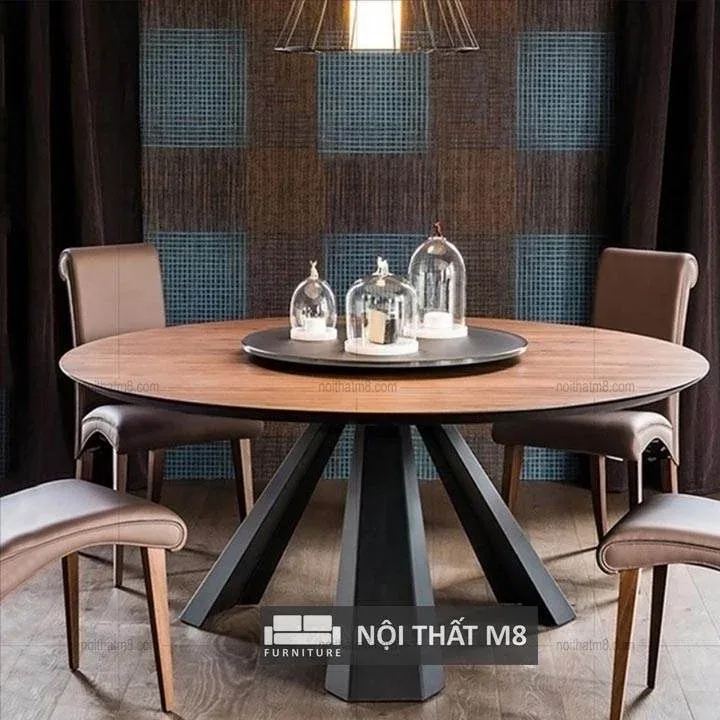Bàn ăn gỗ tròn có mâm xoay chân sắt độc đáo mới lạ M8-4087