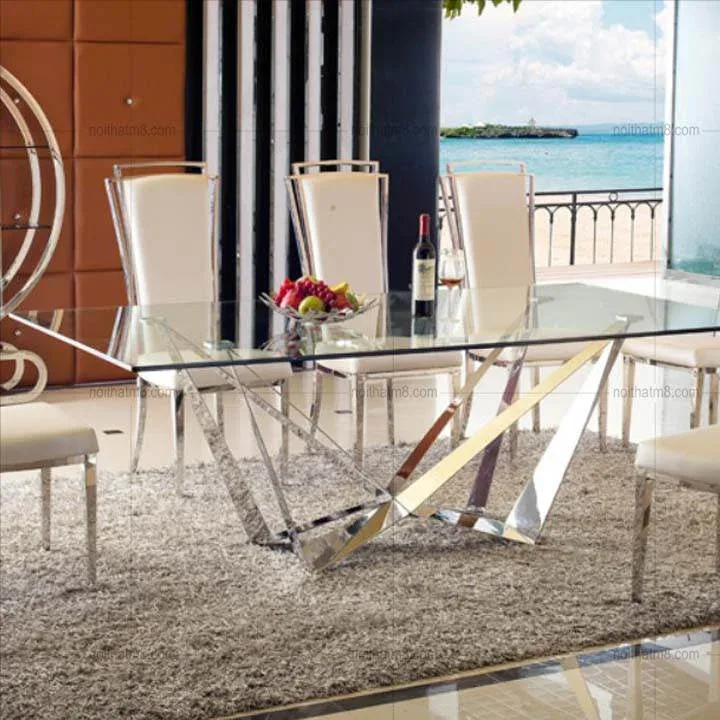 Bàn ăn đẹp hiện đại mặt kính chân W cách điệu M8-4096