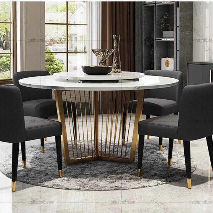Bàn ăn tròn mạ vàng đẹp mềm mại, sang trọng M8-4103