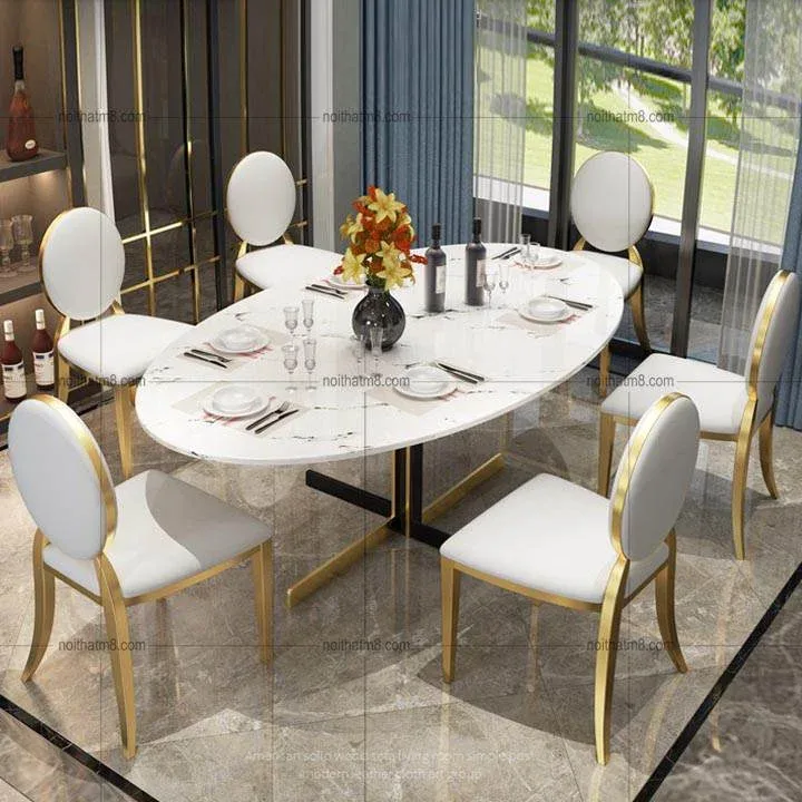 Bàn ăn mạ vàng mặt đá dáng elip mềm mại và sang trọng M8-4130