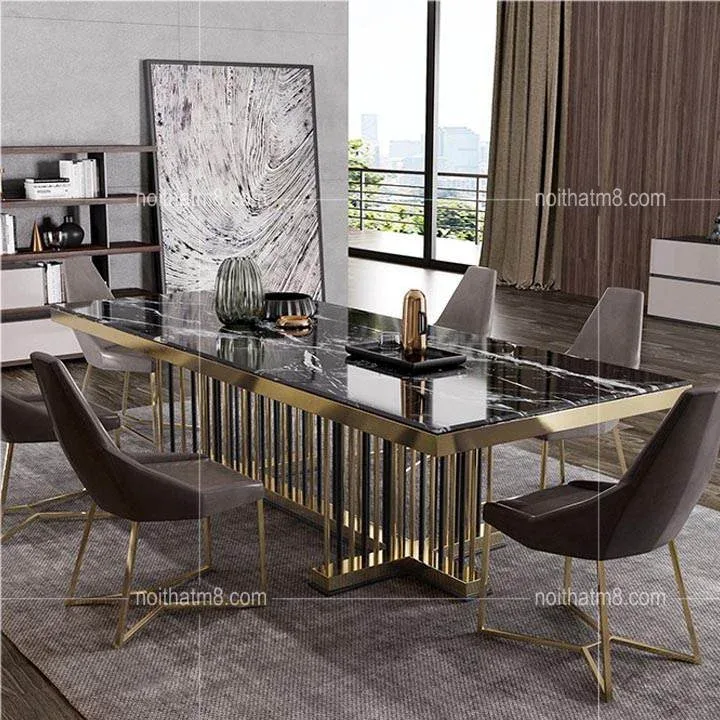 Mẫu bàn ăn mạ vàng mặt đá tự nhiên đẹp ấn tượng M8-4134 (giá bàn ăn không gồm ghế)