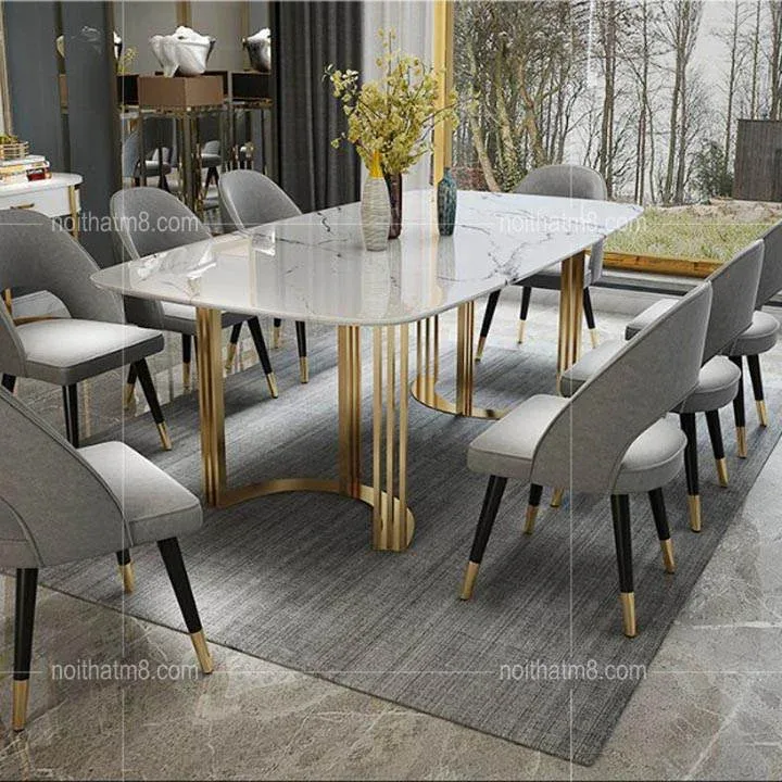 Mẫu bàn ăn mạ PVD với mặt đá tự nhiên đẹp mê ly M8-4135
