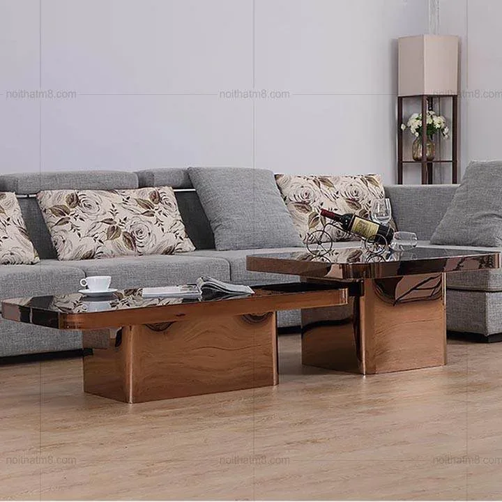 Bộ bàn trà vuông bằng inox mặt kính M8 – 4358