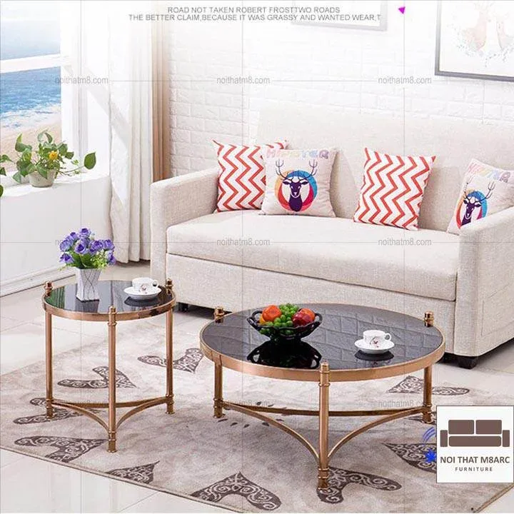 Bàn trà mạ vàng kết hợp mặt kính cường lực đen hiện đại M8-4399