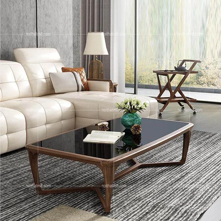 Bàn trà kính cường lực với viền gỗ óc chó sang trọng M8-4414