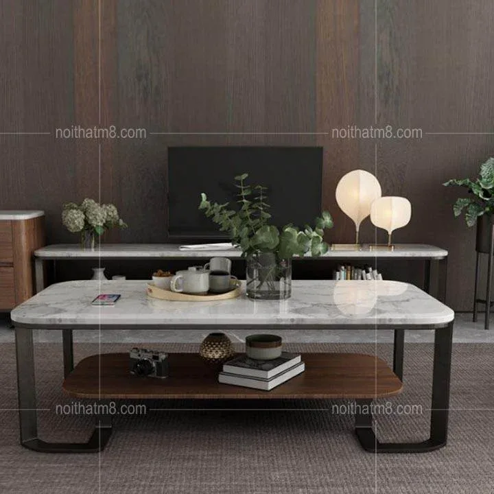 Bàn trà mặt đá với thiết kế 2 tầng mềm mại, sang trọng M8-4440