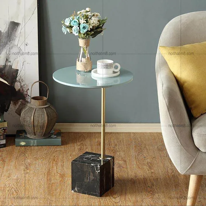 Bàn tab mặt bàn tròn với chân khối đá tự nhiên vuông M8-9037