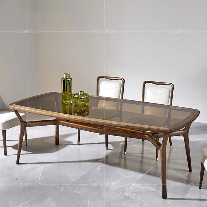 Mẫu bàn ăn gỗ tự nhiên kết hợp mặt kính độc đáo M8-4343