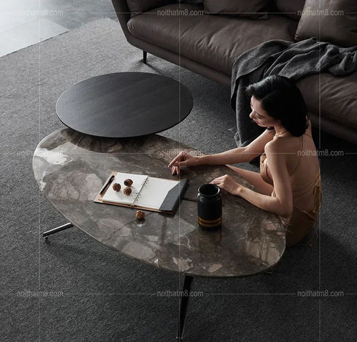 Bộ bàn trà phòng khách đá tự nhiên hình elip độc đáo M8-4448