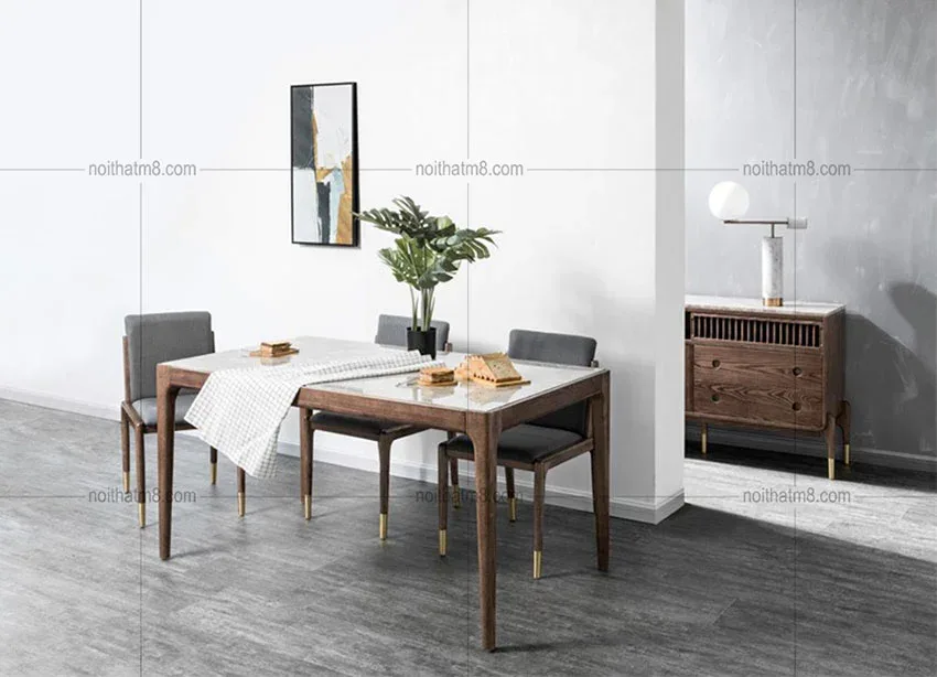 Bàn ghế ăn gỗ kết hợp mặt đá đẹp M8-4039
