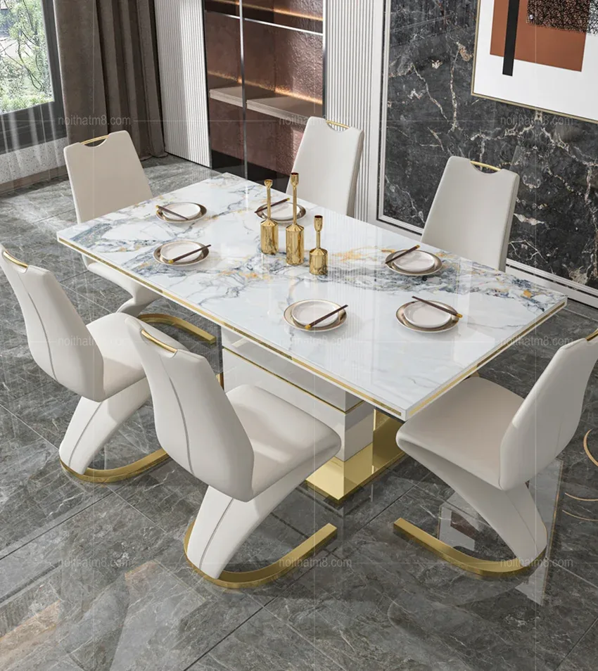 Bàn ăn gỗ MDF kết hợp inox 304 mạ titan cao cấp M8-4160
