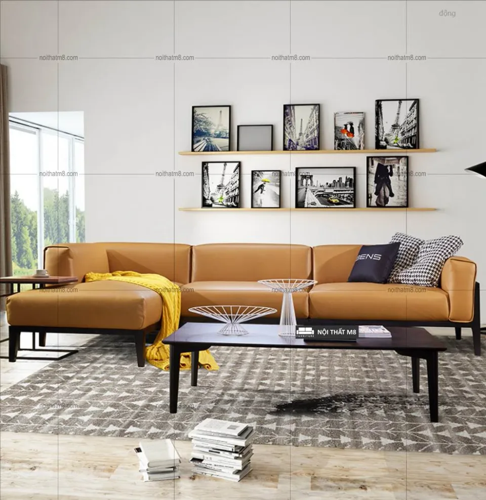 Ghế sofa da chân gỗ chữ L sang trọng, hiện đại M8-3543