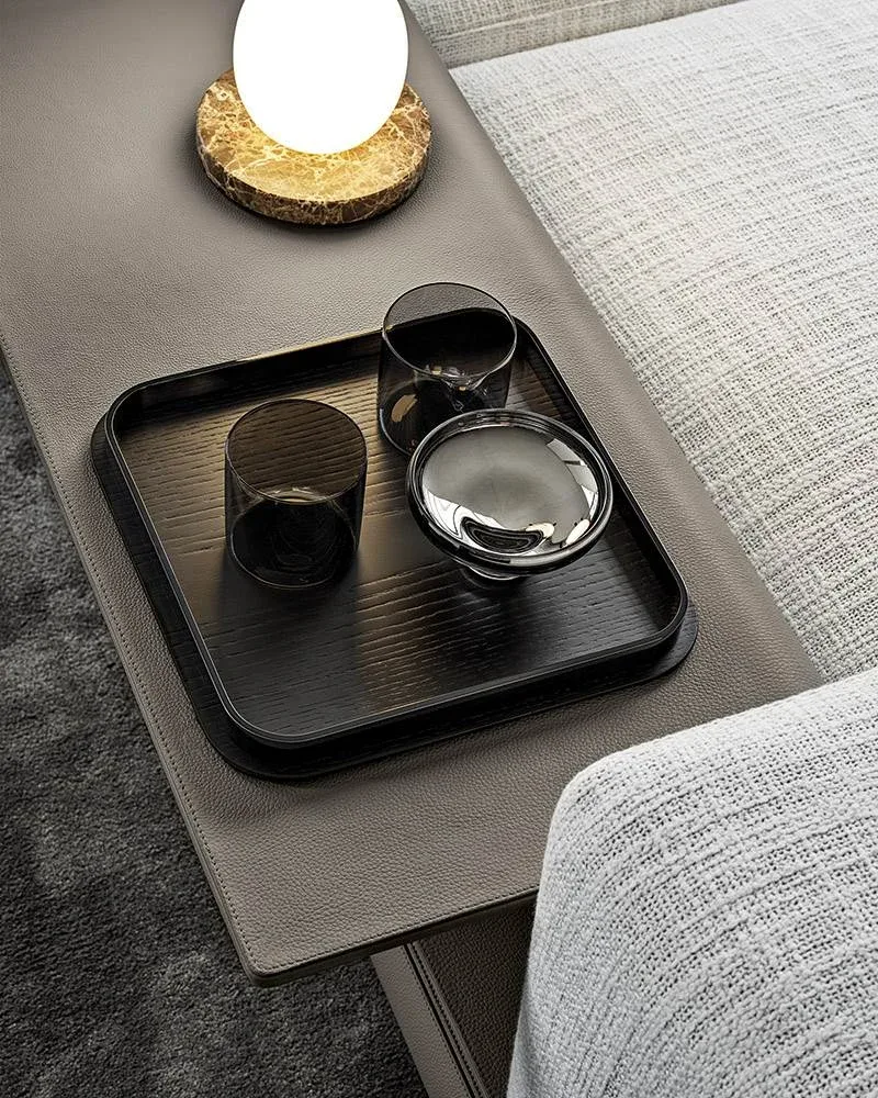 Để bàn khay vuông veneer sồi khung đen niken M8-I009